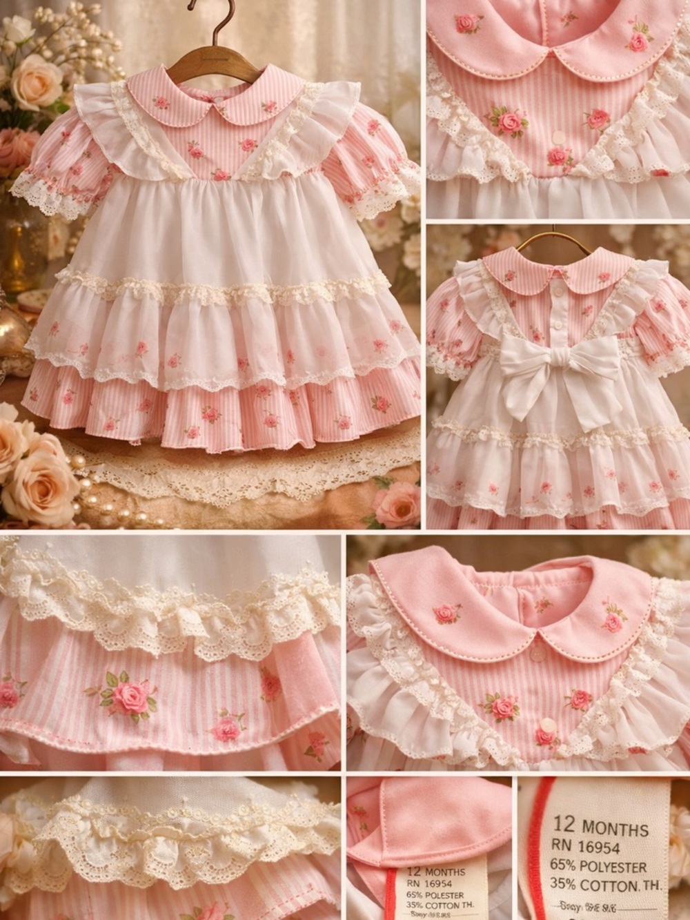 Rare Vintage Heirloom Baby Dress 12M Pink Rosebud Lace Tiered Cottage Dress